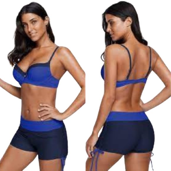 New 2 Piece Bikini Boy Shorts Blue Patchwork Set M - Picture 1 of 9